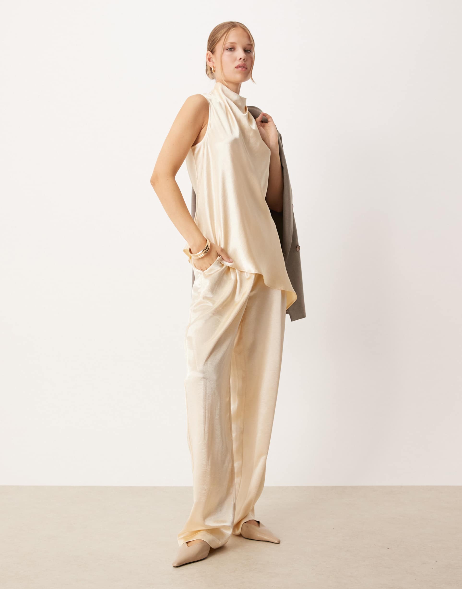 asos design tailored straight leg satin pants in ivory - part of a set