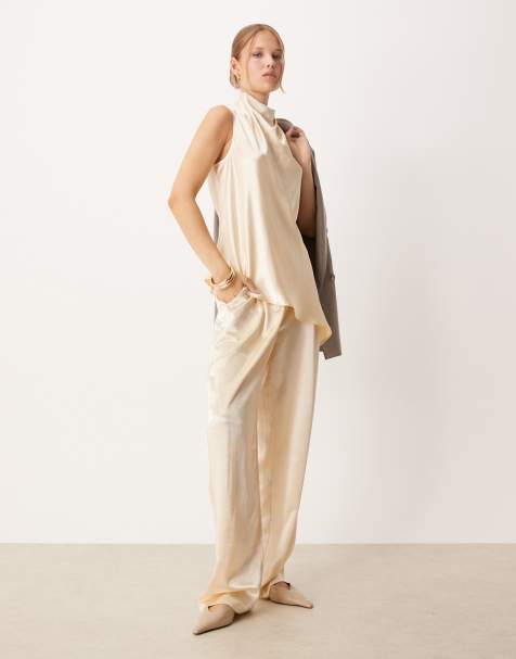 ASOS DESIGN tailored straight leg satin trousers co-ord in ivory