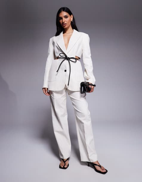 ASOS DESIGN tailored straight leg trousers co-ord with pleat detail in cream stripe - view 1