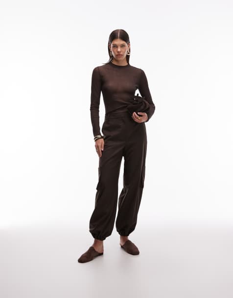 ASOS DESIGN tailored straight leg trousers with cuff and utility pocket detail in chocolate - view 1