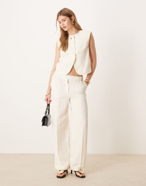 ASOS DESIGN tailored straight leg trousers with linen co-ord in ivory