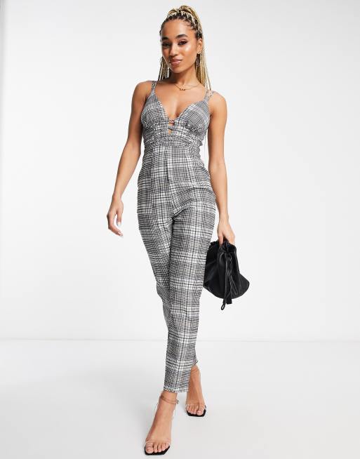 ASOS DESIGN tailored strapless bustier jumpsuit with wide leg in check