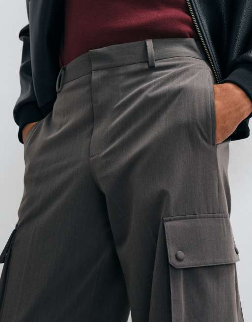 ASOS DESIGN tailored stretch wide leg cargo pants in charcoal melange, 2 of 5