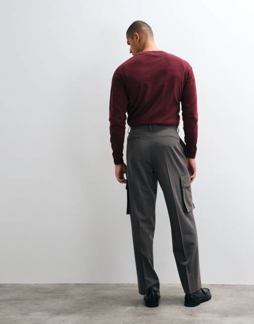 ASOS DESIGN tailored stretch wide leg cargo pants in charcoal melange, 4 of 5