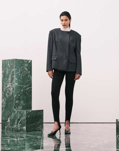 ASOS DESIGN tailored strong shoulder collarless blazer in grey pinstripe - view 1