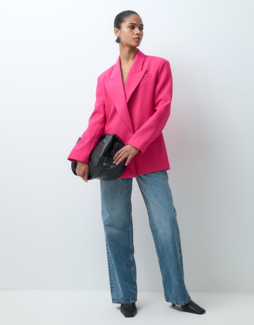 ASOS DESIGN tailored strong shoulder double breasted blazer in bright pink, 2 of 5