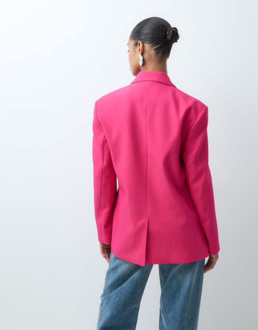 ASOS DESIGN tailored strong shoulder double breasted blazer in bright pink, 3 of 5