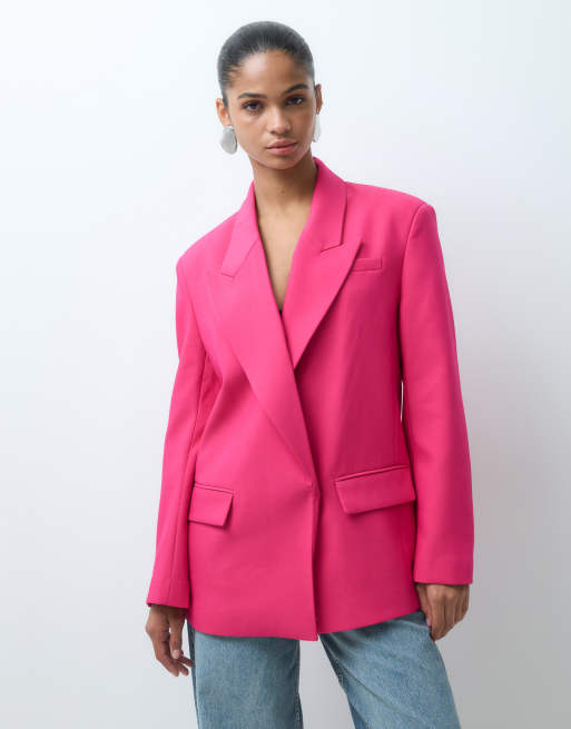 ASOS DESIGN tailored strong shoulder double breasted blazer in bright pink, 4 of 5
