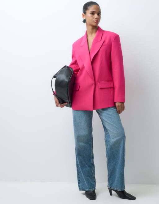 ASOS DESIGN tailored strong shoulder double breasted blazer in bright pink, 5 of 5