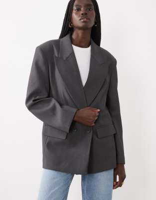 Asos Design Tailored Strong Shoulder Double Breasted Blazer In Gray