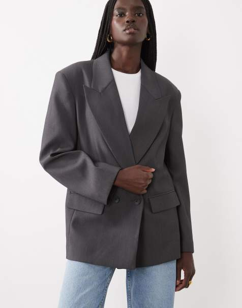 ASOS DESIGN tailored strong shoulder double breasted blazer in charcoal - view 1