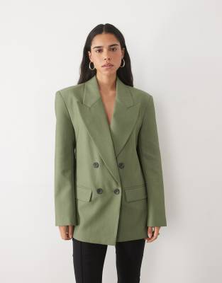 Asos Design Tailored Strong Shoulder Double Breasted Blazer In Green