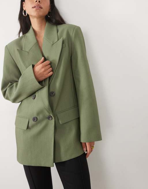 ASOS DESIGN tailored strong shoulder double breasted blazer in khaki, 2 of 4