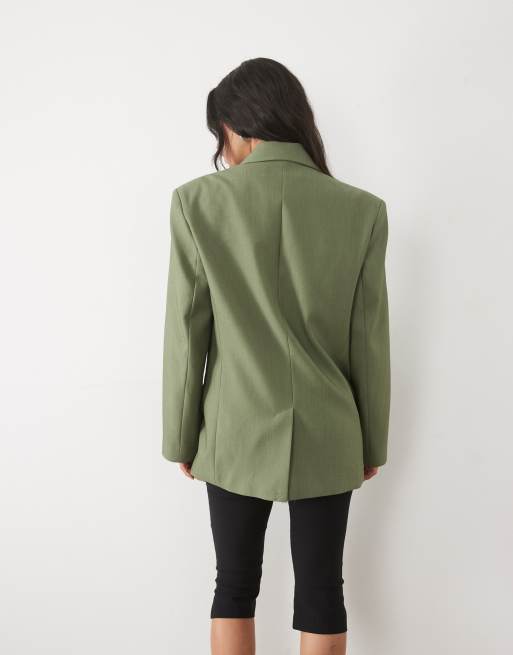 ASOS DESIGN tailored strong shoulder double breasted blazer in khaki, 4 of 4