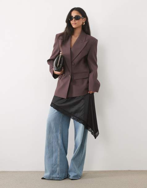 ASOS DESIGN tailored strong shoulder double breasted blazer in raisin - view 1
