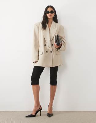 Asos Design Tailored Strong Shoulder Double Breasted Blazer In Neutral