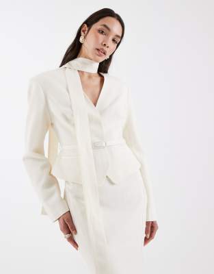 Asos Design Tailored Strong Shoulders Blazer With Neck Scarf Detail In White
