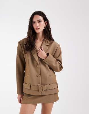 Asos Design Tailored Super Oversized Belted Hem Blazer In Brown