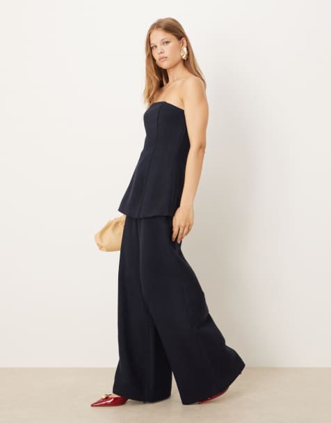 ASOS DESIGN tailored super wide leg boucle pants in navy - part of a set - view 1