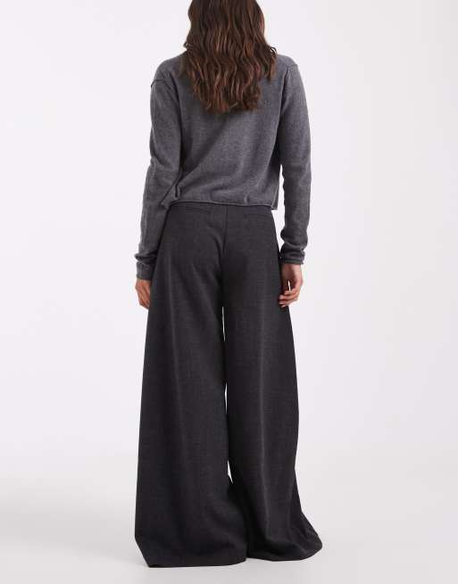ASOS DESIGN Tailored super wide wool look trousers in grey wool look texture, 3 of 5
