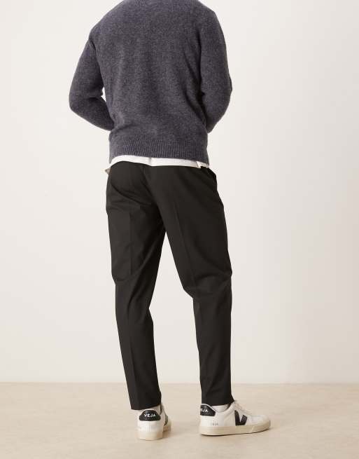ASOS DESIGN tailored tapered comfort stretch trousers in black twill with elasticated waist, 2 of 5