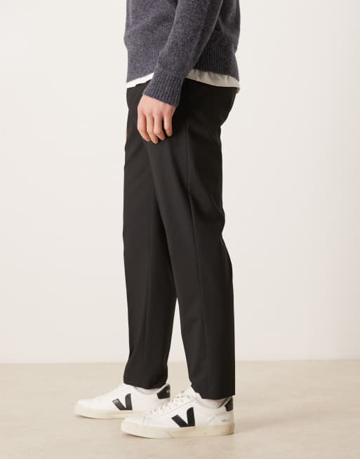 ASOS DESIGN tailored tapered comfort stretch trousers in black twill with elasticated waist, 3 of 5