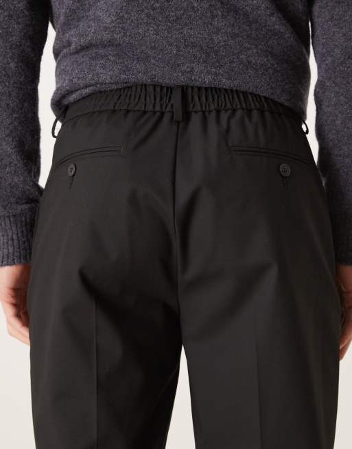 ASOS DESIGN tailored tapered comfort stretch trousers in black twill with elasticated waist, 5 of 5