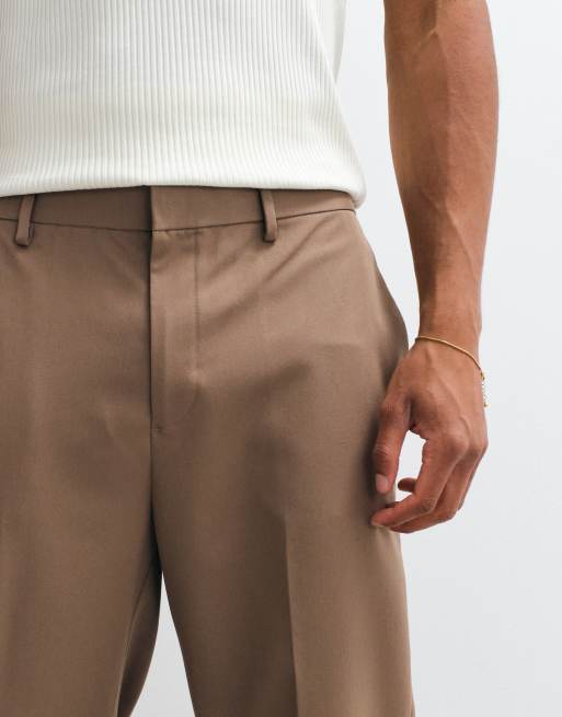 ASOS DESIGN tailored tapered pants in brown with elasticated waist and turnup, 2 of 5