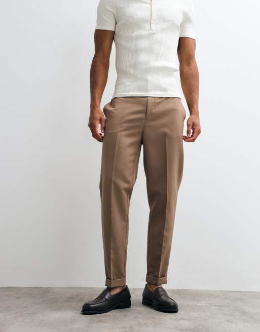 ASOS DESIGN tailored tapered pants in brown with elasticated waist and turnup, 4 of 5
