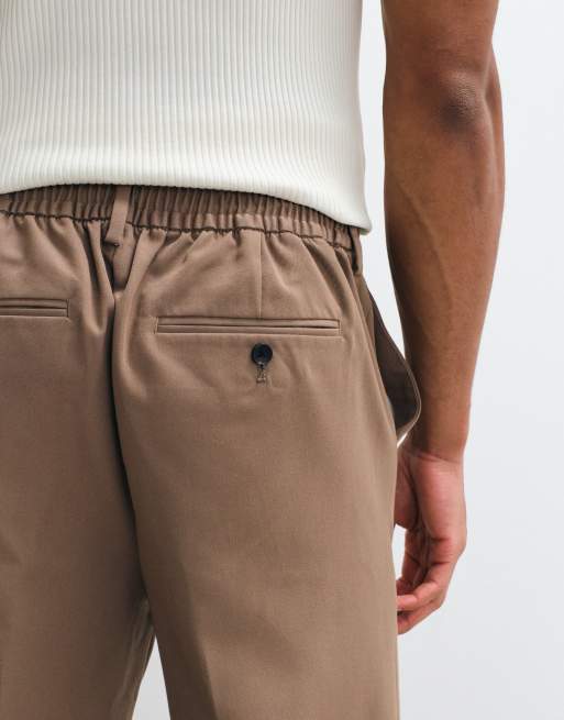ASOS DESIGN tailored tapered pants in brown with elasticated waist and turnup, 5 of 5
