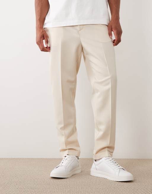 ASOS DESIGN tailored tapered pants in ecru with elasticated waist and turnup, 2 of 5