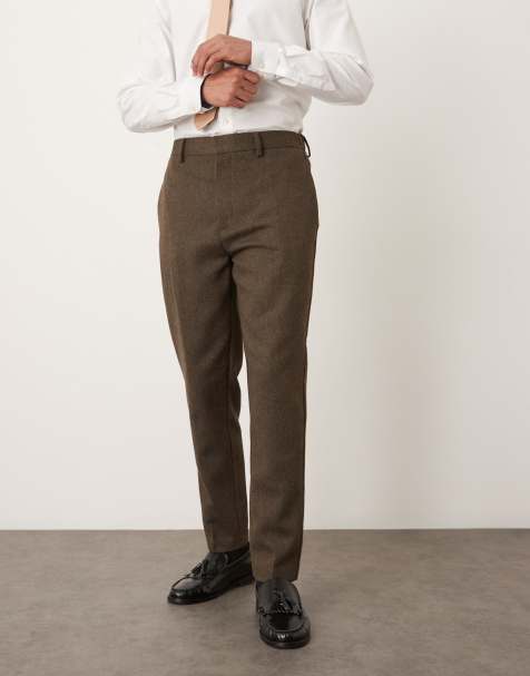 ASOS DESIGN tailored tapered pants with half elastic waistband in brown wool - view 1