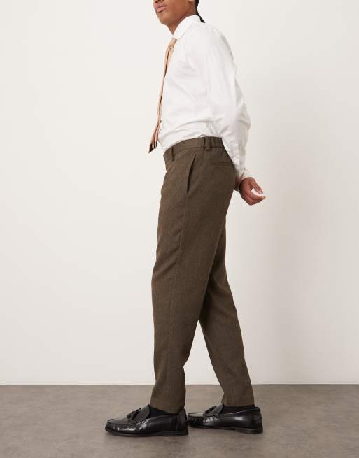 ASOS DESIGN tailored tapered pants with half elastic waistband in brown wool, 3 of 5