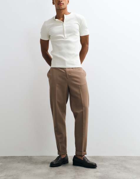ASOS DESIGN tailored tapered trousers in brown with elasticated waist and turnup - view 1
