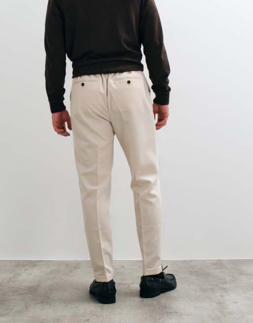 ASOS DESIGN tailored tapered trousers in ecru with elasticated waist and turnup, 5 of 5