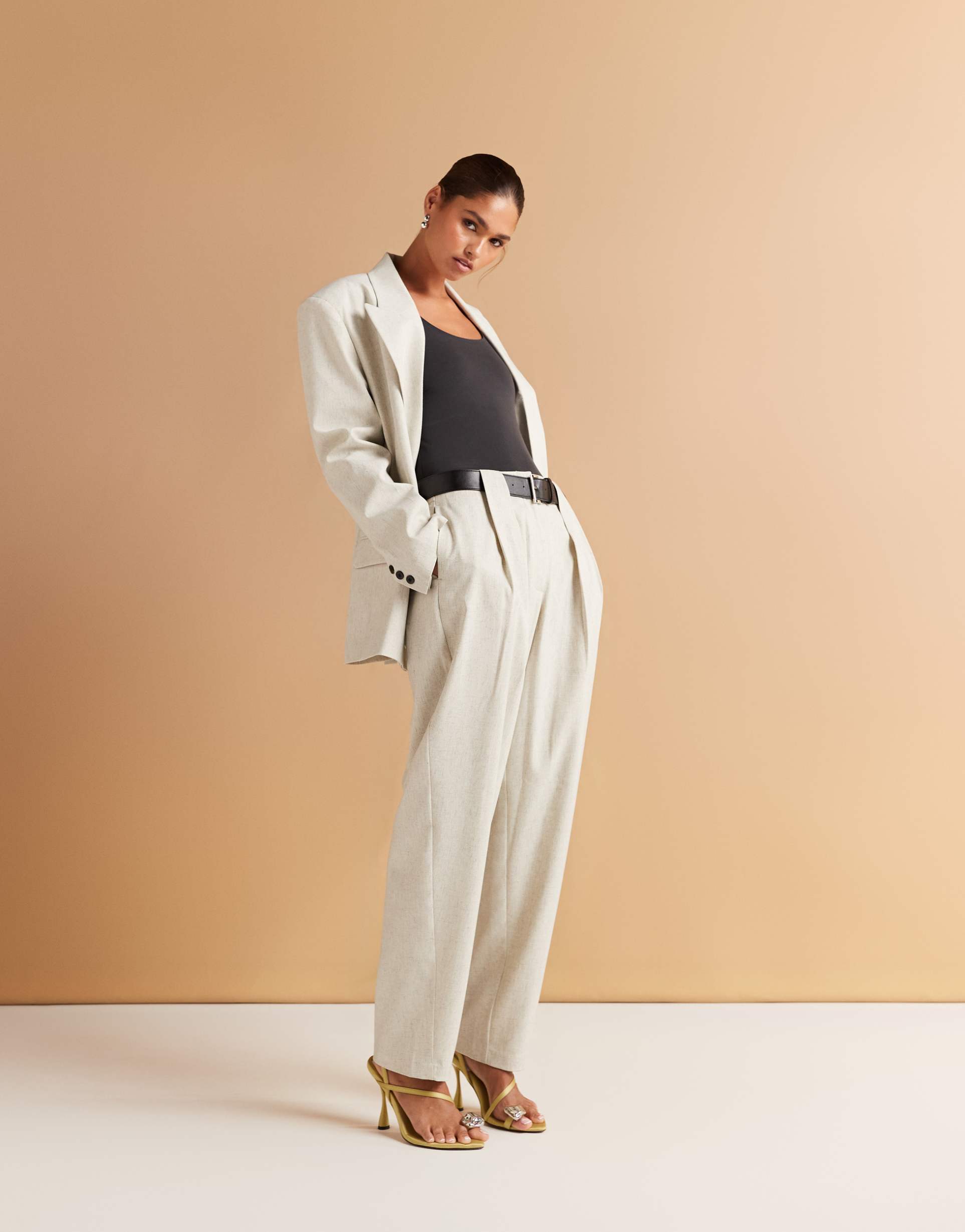 asos design tailored textured barrel leg pants with belt in cream