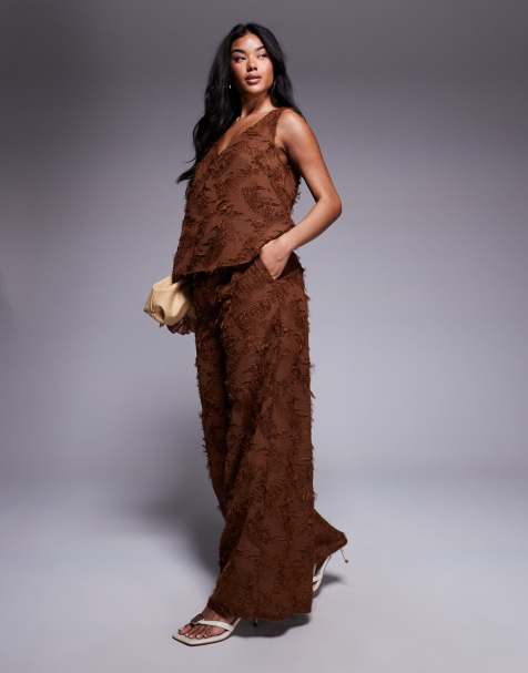 ASOS DESIGN tailored textured cami & textured pants set in brown - view 1