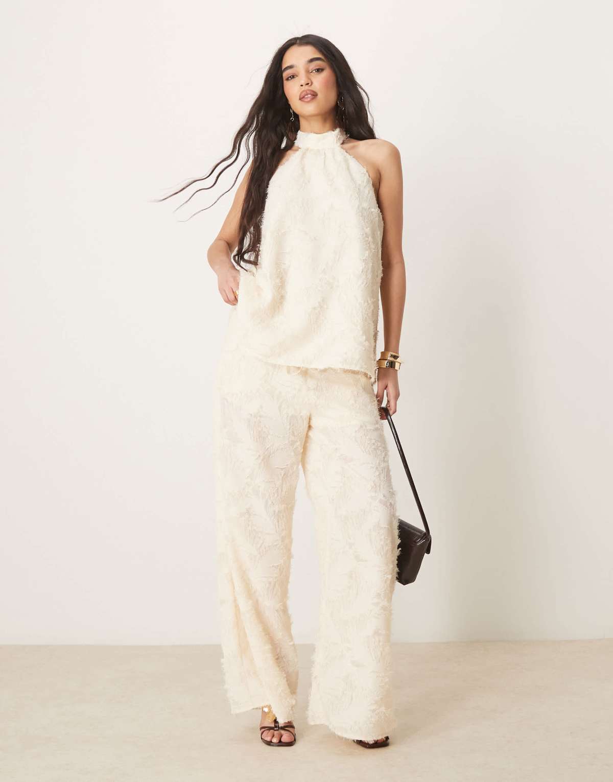 ASOS DESIGN tailored textured halter neck top co-ord in buttermilk