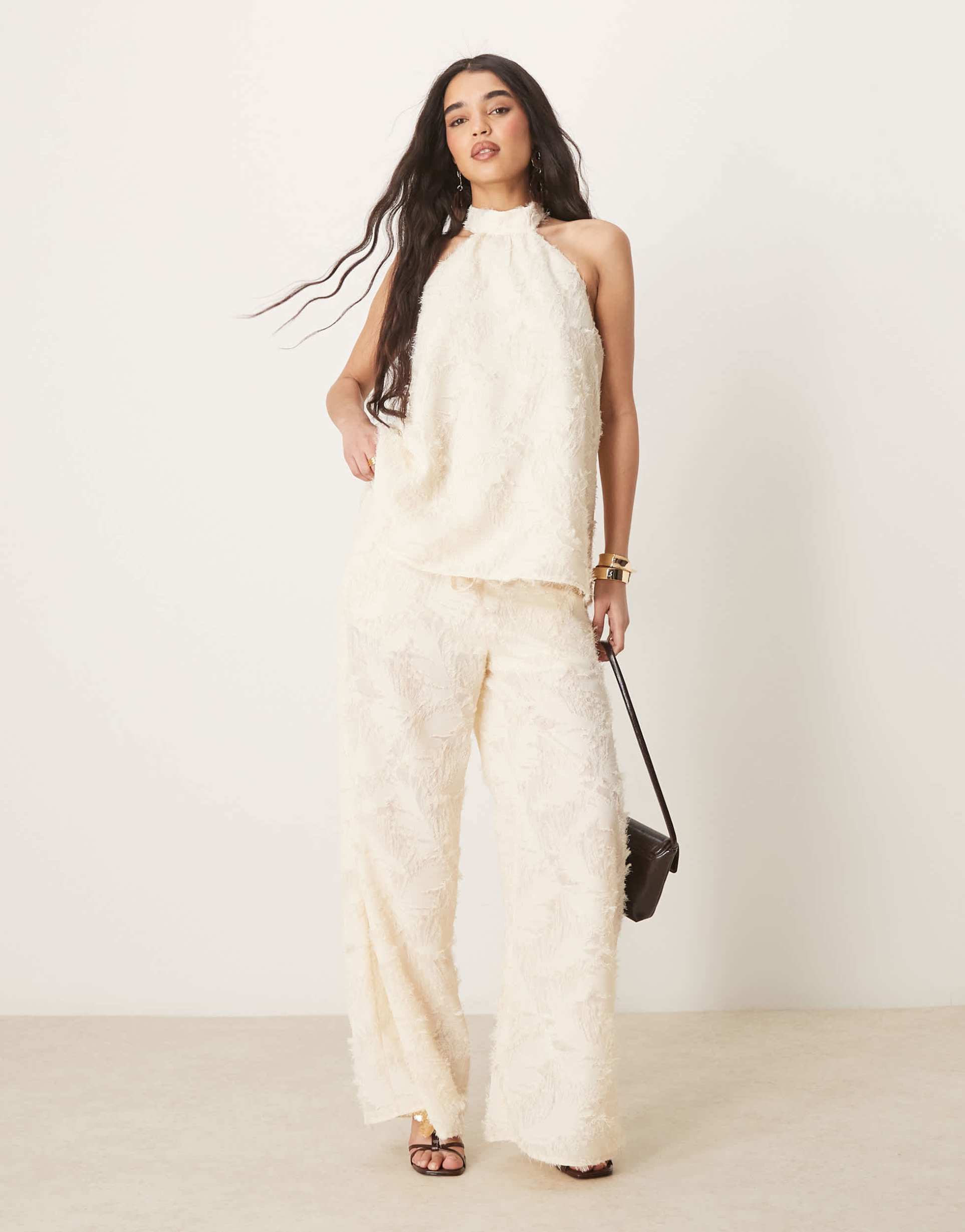 asos design tailored textured halter neck top in buttermilk - part of a set