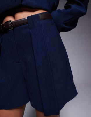 Asos Design Tailored Textured Shorts With Belt In Blue