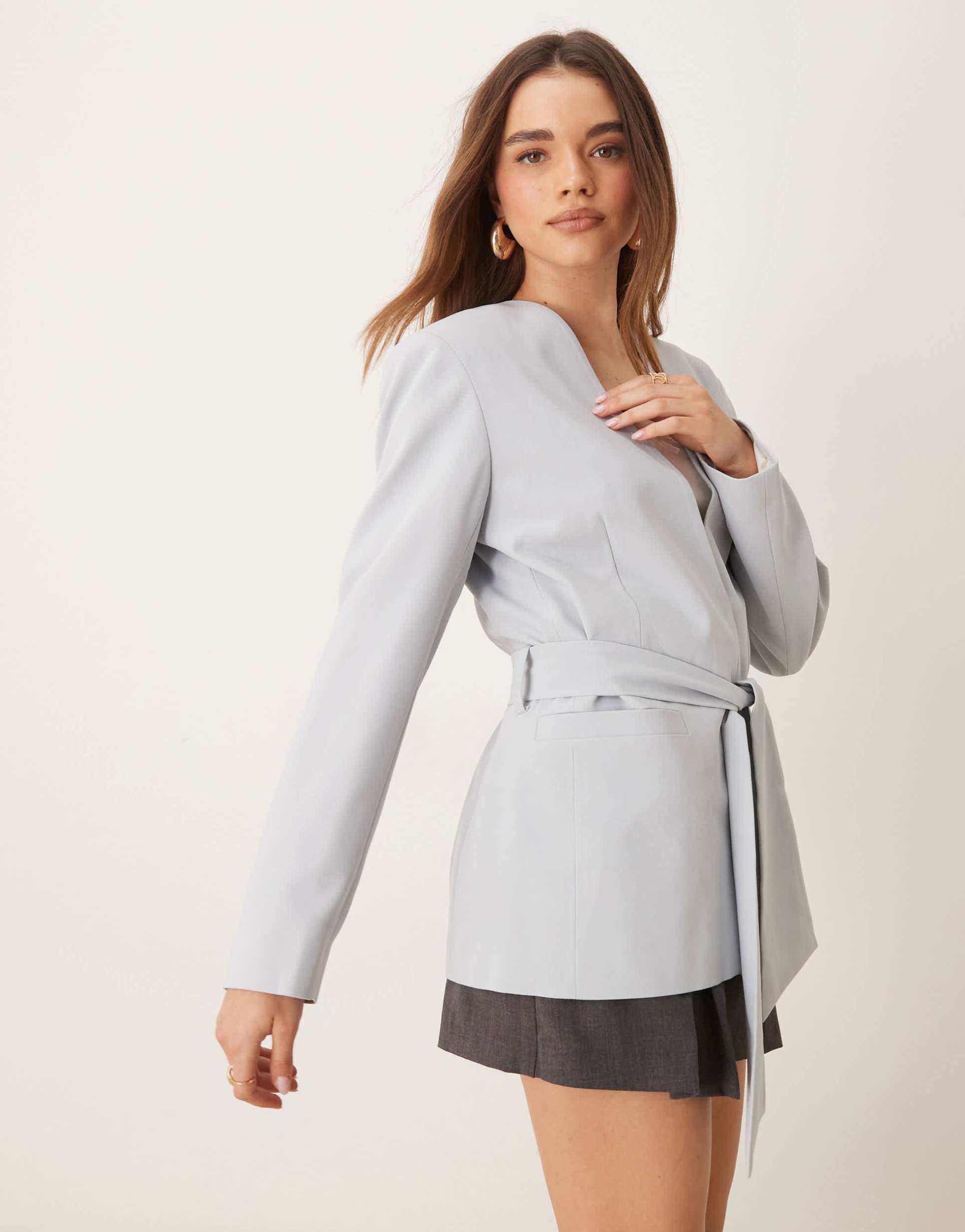 asos design tailored tie waist blazer in light blue