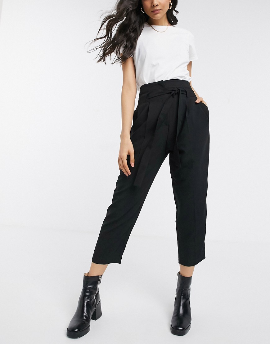 ASOS DESIGN tailored tie waist tapered ankle grazer trousers-Black