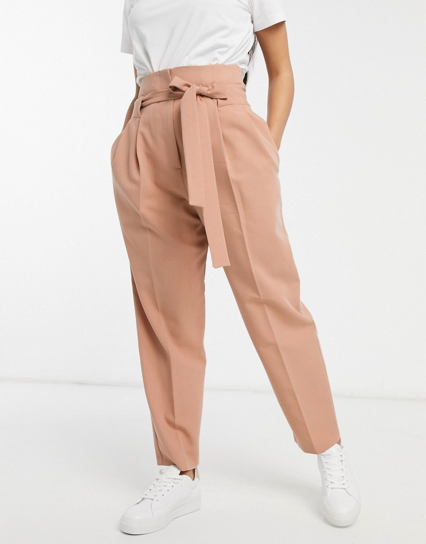 ASOS DESIGN tailored tie waist tapered ankle grazer trousers-Beige