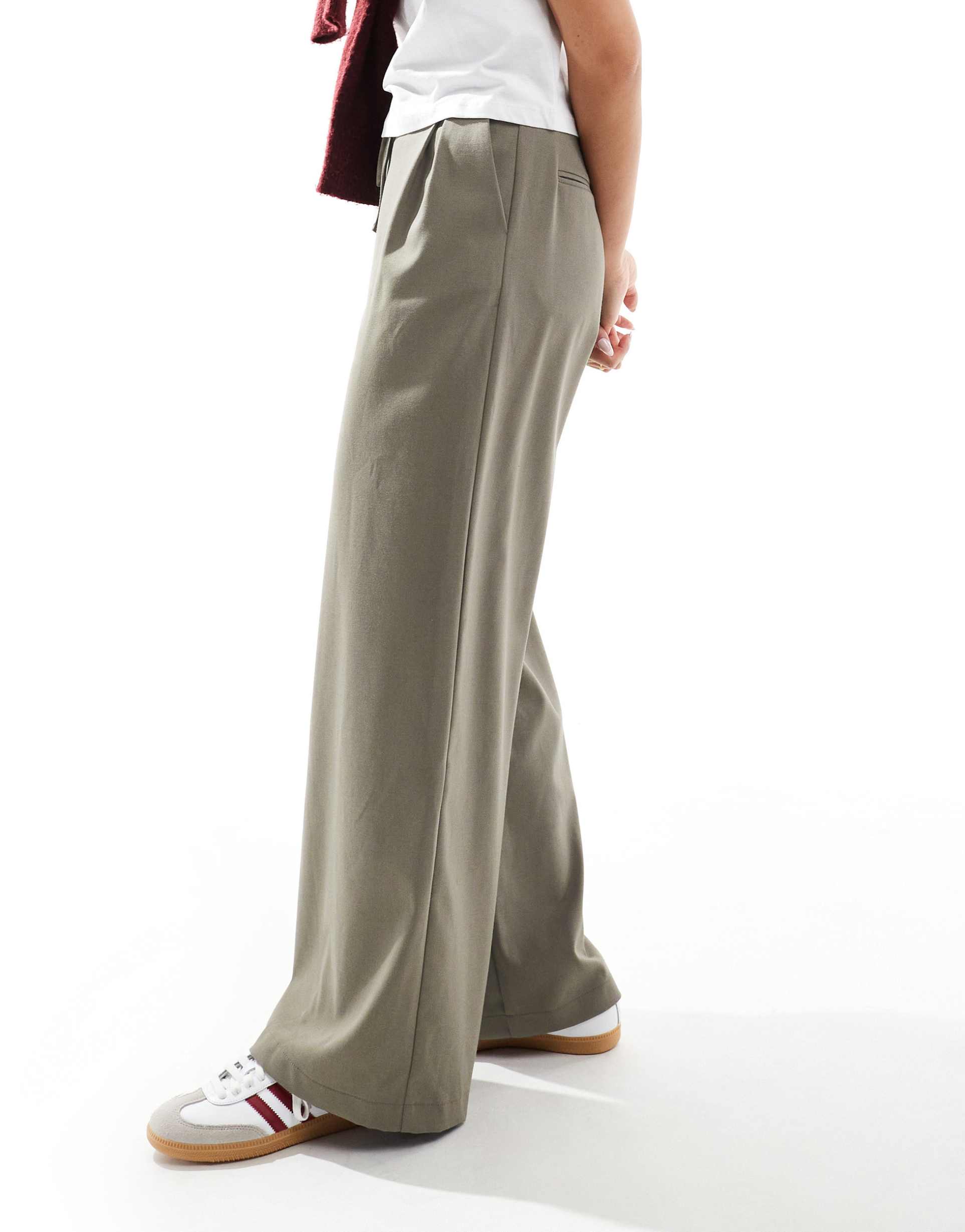 asos design tailored tie waist wide leg pants with pleat detail in brushed khaki