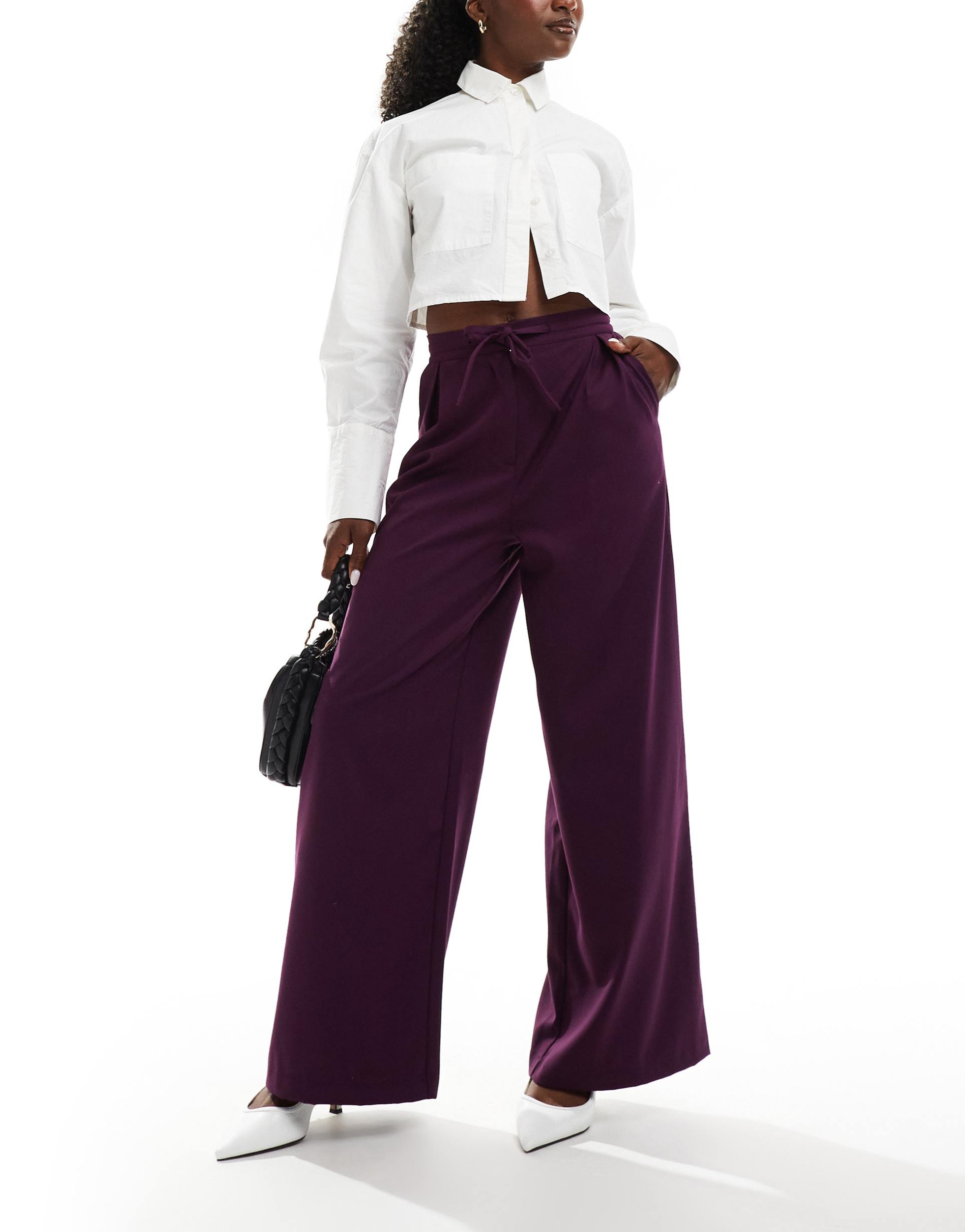 asos design tailored tie waist wide leg pants with pleat detail in brushed plum