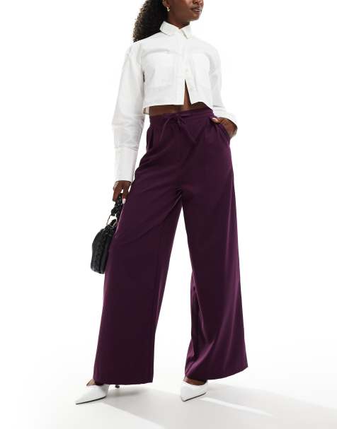 ASOS DESIGN tailored tie waist wide leg trousers with pleat detail in brushed plum - view 1