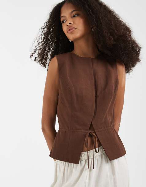 ASOS DESIGN tailored tie waistcoat with linen in chocolate - view 1