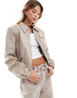 tailored top collar bomber jacket with pocket detail in oatmeal-Neutral