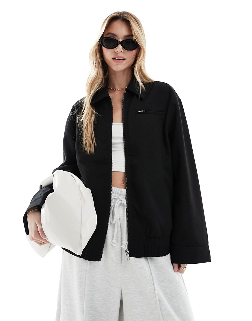 ASOS DESIGN tailored top collar harrington jacket in black-White