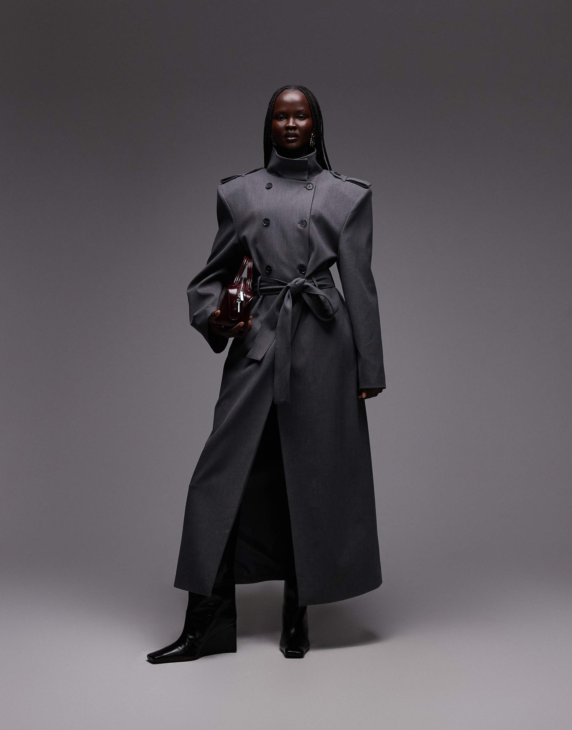 asos design tailored trench coat with shoulder pads in gray